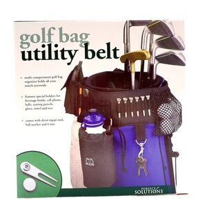Golf Bag Utility Belt with Tees, Divot Repair Tool, Ball Marker, Pockets
